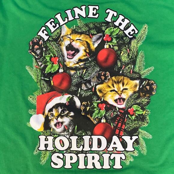 Christmas Cat Ugly Sweater Sz Large Feline the Holiday Spirit Green Kitty UNISEX - Picture 1 of 7